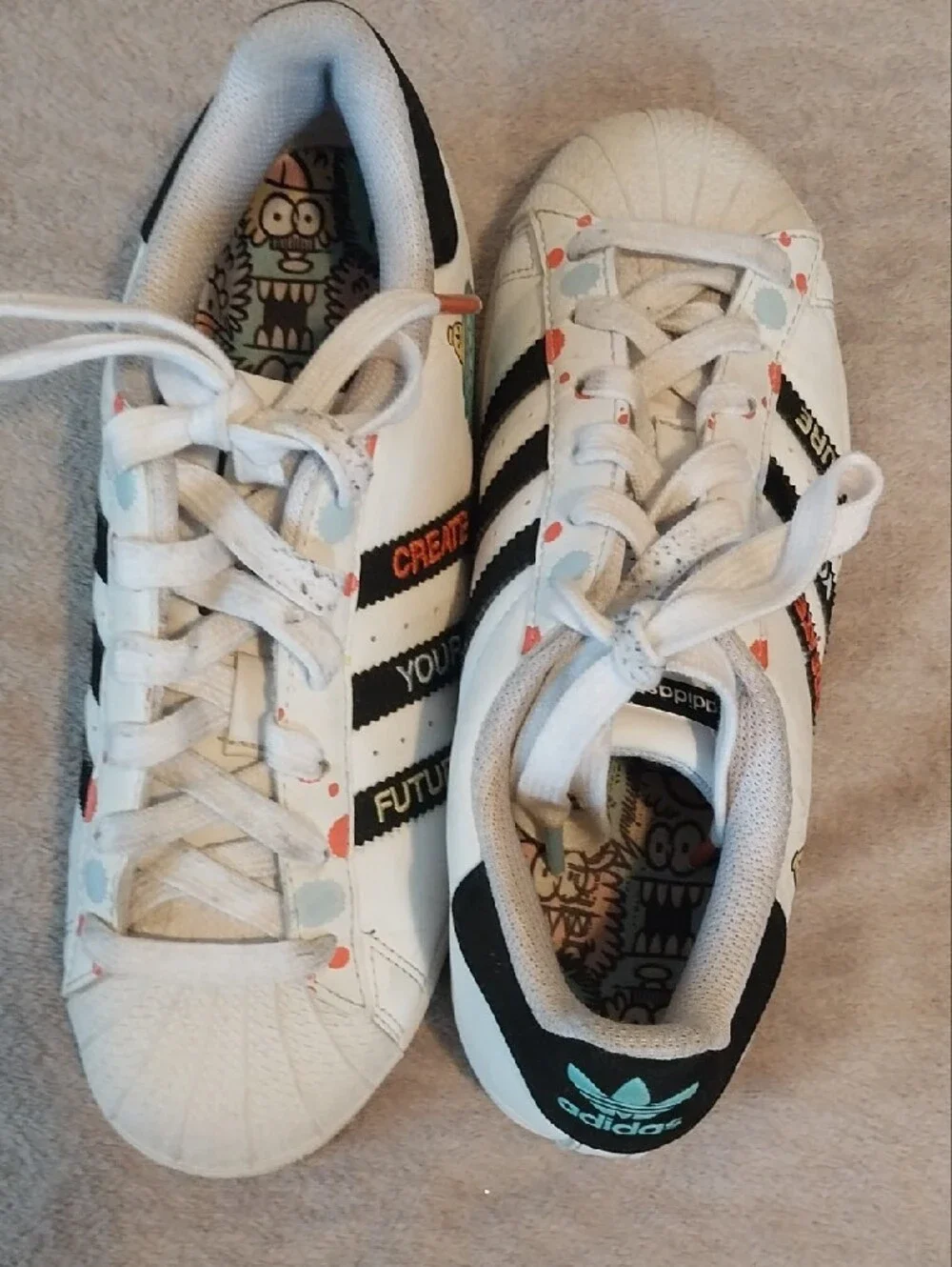 Kids White Sneakers with Black Stripes and Colorful Dots